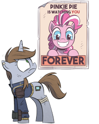 Size: 800x1000 | Tagged: safe, artist:php104, character:pinkie pie, oc, oc:littlepip, species:earth pony, species:pony, species:unicorn, fallout equestria, bandage, clothing, creepy, creepy smile, cutie mark, fanfic, fanfic art, female, forever, grin, hooves, horn, looking at you, mare, ministry mares, ministry of morale, pinkie pie is watching you, pipbuck, poster, propaganda, simple background, smiling, solo, transparent background, vault suit