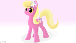 Size: 3840x2160 | Tagged: safe, artist:startledflowerpony, character:lily, character:lily valley, species:earth pony, species:pony, bow, cute, female, flower, flower in hair, gradient background, lilybetes, mare, solo, tail bow