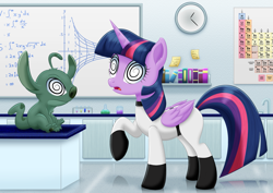 Size: 2031x1440 | Tagged: safe, artist:lifesharbinger, character:twilight sparkle, character:twilight sparkle (alicorn), species:alicorn, species:pony, clock, clothing, crossover, disney, experiment, experiment 383, hypnosis, lab coat, laboratory, lilo and stitch, open mouth, periodic table, raised hoof, swirly eyes