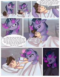 Size: 2088x2680 | Tagged: safe, artist:xjenn9fusion, commissioner:bigonionbean, writer:bigonionbean, oc, oc:queen galaxia, oc:tommy the human, species:alicorn, species:human, species:pony, comic:fusing the fusions, comic:time of the fusions, alicorn oc, angry, bed, comic, concerned, confident, darkness, dialogue, doors, female, fusion:queen galaxia, hospital, hospital bed, human oc, magic, male, mother and son, nervous, out of breath, pillow, potion, semi-grimdark series, sleeping, suggestive series, table, thought bubble