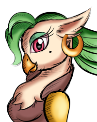 Size: 2400x3000 | Tagged: safe, artist:qbellas, character:captain celaeno, species:anthro, my little pony: the movie (2017), beauty mark, bust, ear piercing, earring, female, hatless, jewelry, missing accessory, piercing, pirate, profile, simple background, solo, white background