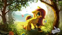 Size: 3840x2160 | Tagged: safe, artist:erinliona, character:fluttershy, species:pegasus, species:pony, 4k, amazed, bracer, butterfly, cute, digital art, ear piercing, emoshy, female, forest, happy, looking at something, makeup, mountain, mountain range, open mouth, outdoors, piercing, raised hoof, scenery, shyabetes, solo, spread wings, tongue out, tree, wallpaper, wings