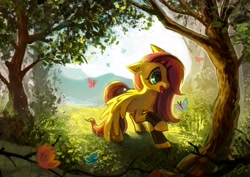 Size: 2560x1810 | Tagged: safe, artist:erinliona, character:fluttershy, species:pegasus, species:pony, amazed, bracer, butterfly, cute, digital art, ear piercing, emoshy, female, forest, happy, looking at something, makeup, mountain, mountain range, open mouth, outdoors, piercing, raised hoof, scenery, shyabetes, solo, spread wings, tongue out, tree, wings