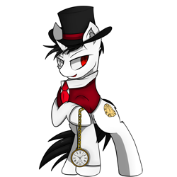 Size: 2300x2300 | Tagged: safe, artist:llhopell, oc, species:pony, species:unicorn, clothing, commission, hat, male, necktie, open mouth, pocket watch, simple background, solo, stallion, suit, white background