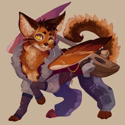 Size: 750x750 | Tagged: safe, artist:sitaart, oc, oc only, oc:jetsam, bard, bedroll, cat, clothing, dungeons and dragons, fantasy class, fluffy, jewelry, lute, male, musical instrument, orange eyes, orange fur, pathfinder, pen and paper rpg, ponyfinder, purrsian, rpg, scroll, simple background, solo, tabletop gaming, tail, whiskers, wings