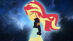 Size: 1280x720 | Tagged: safe, artist:ngrycritic, character:sunset shimmer, my little pony:equestria girls, eyes closed, female, glow, lineless, minimalist, modern art, solo, space background, sunshine shimmer