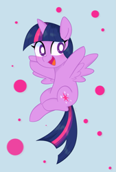 Size: 745x1100 | Tagged: safe, artist:ch-chau, character:twilight sparkle, character:twilight sparkle (alicorn), species:alicorn, species:pony, blue background, bubble, chibi, circle, cute, female, flying, mare, open mouth, simple background, smiling, solo, spread wings, twiabetes, white pupils, wings