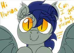 Size: 700x495 | Tagged: safe, artist:prismspark, oc, oc only, oc:echo, species:bat pony, species:pony, ..., bat pony oc, bronybait, bust, cute, dialogue, eye clipping through hair, eyebrows, eyebrows visible through hair, hug request, ocbetes, simple background, slit eyes, slit pupils, solo, speech, spread wings, talking to viewer, transparent mane, white background, wings