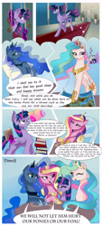 Size: 1352x3000 | Tagged: safe, artist:xjenn9fusion, commissioner:bigonionbean, writer:bigonionbean, character:princess cadance, character:princess celestia, character:princess luna, character:twilight sparkle, character:twilight sparkle (alicorn), oc, oc:queen galaxia, species:alicorn, species:pony, comic:fusing the fusions, comic:time of the fusions, alicorn oc, alicorn tetrarchy, book, bookstack, canterlot, canterlot castle, carpet, chair, coffee, coffee mug, comic, concerned, confused, crown, curls, determination, dialogue, discussion, doors, flowing hair, flowing mane, flowing tail, fusion, fusion:queen galaxia, group hug, hallway, hospital, hug, internal conflict, jewelry, magic, map, merchandising, mug, night, red carpet, regalia, royal family, royalty, semi-grimdark series, steam, suggestive series, table, talking to herself, thinking, thought bubble, trotting