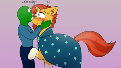 Size: 2560x1440 | Tagged: safe, artist:fuzzypones, character:sunburst, oc, oc:anon, species:human, species:pony, species:unicorn, blushing, duo, gradient background, kissing, male, purple background, raised hoof, simple background, smooch, snoot, stallion, surprised, text