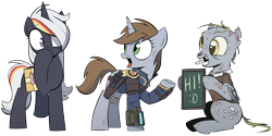 Size: 3000x1500 | Tagged: safe, artist:php104, character:derpy hooves, oc, oc:littlepip, oc:velvet remedy, species:pegasus, species:pony, species:unicorn, fallout equestria, bandage, chalk, chalkboard, clothing, covering mouth, cutie mark, ditzy doo, fanfic, fanfic art, female, fluttershy medical saddlebag, ghoul, gun, handgun, hi, hooves, horn, little macintosh, mare, medical saddlebag, mouth hold, mouth writing, open mouth, optical sight, pipbuck, raised hoof, revolver, saddle bag, simple background, sitting, transparent background, underhoof, vault suit, weapon, wings