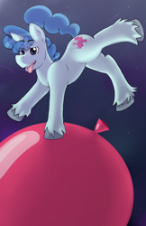 Size: 1658x2553 | Tagged: safe, artist:peachy-pudding, character:party favor, species:pony, species:unicorn, backwards cutie mark, balloon, cute, eye clipping through hair, favorbetes, male, open mouth, size difference, solo, stallion, tiny, tiny ponies, tongue out, unshorn fetlocks