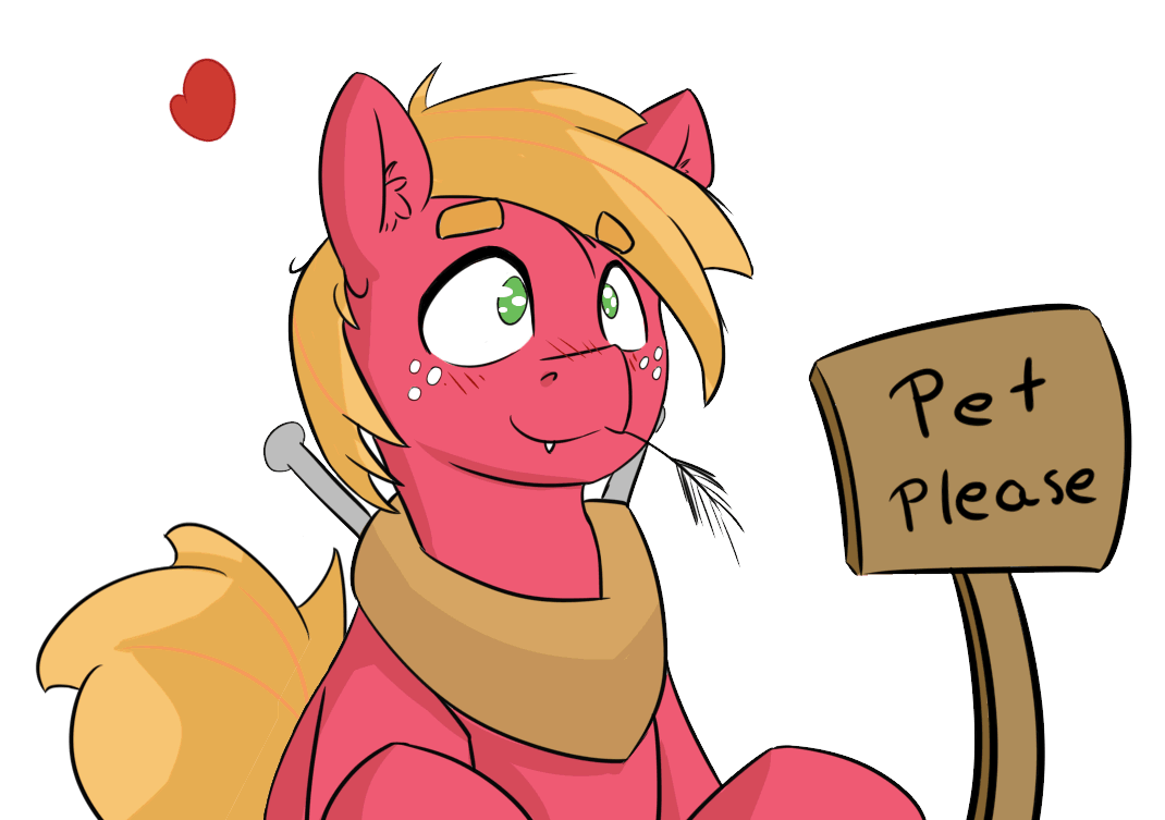 Size: 1070x753 | Tagged: safe, artist:fuzzypones, character:big mcintosh, species:earth pony, species:pony, :3, animated, behaving like a dog, blushing, bronybait, colored, cute, cute little fangs, ear fluff, fangs, floating heart, freckles, heart, looking up, macabetes, male, mouth hold, no pupils, pet request, sign, simple background, smiling, solo, stallion, straw in mouth, tail swish, tail wag, text, wide eyes, younger