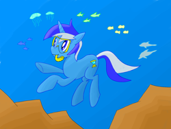 Size: 1600x1200 | Tagged: safe, artist:notadeliciouspotato, character:minuette, species:pony, species:unicorn, cute, dolphin, female, fish, floppy ears, goggles, jellyfish, mare, minubetes, smiling, snorkel, snorkeling, solo, swimming, underhoof, underwater
