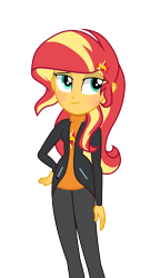 Size: 2000x3700 | Tagged: safe, artist:katnekobase, artist:winter-scarf, base used, character:sunset shimmer, species:human, my little pony:equestria girls, clothing, female, hand on hip, human sunset, jacket, pants, shirt, simple background, smiling, solo, transparent background