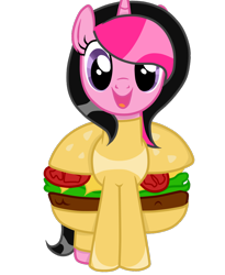 Size: 900x1098 | Tagged: safe, artist:dl-ai2k, oc, oc:sunny pink, species:pony, species:unicorn, burger, clothing, costume, female, food, food costume, hamburger, mare, simple background, solo, transparent background
