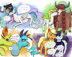 Size: 1280x1024 | Tagged: safe, artist:azurllinate, character:applejack, character:coloratura, character:king sombra, character:princess celestia, character:princess ember, character:thorax, character:yona, oc, oc:sol bright, species:alicorn, species:changeling, species:dragon, species:earth pony, species:pony, species:reformed changeling, species:unicorn, species:yak, next gen:futurehooves, ship:celestibra, ship:rarajack, annoyed, appletura, bow, canon x oc, changeling x dragon, cloven hooves, crying, dialogue, egg, embrax, eyes closed, female, folded wings, futurehooves, happy, homosexuality, horns, interspecies, kissing, leaning, lesbian, looking at each other, lord ember, male, older, older yona, on side, ponytail, preglestia, pregnant, shipping, size difference, smiling, solna, speech, speech bubble, straight