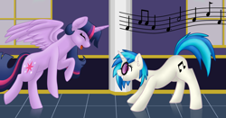 Size: 3943x2071 | Tagged: safe, artist:sevenserenity, character:dj pon-3, character:twilight sparkle, character:twilight sparkle (alicorn), character:vinyl scratch, species:alicorn, species:pony, species:unicorn, castle, complex background, dancing, music, music notes, twilight's castle