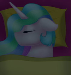 Size: 617x653 | Tagged: safe, artist:sevenserenity, character:princess celestia, species:alicorn, species:pony, bed, bust, commission, dark, eyes closed, portrait, sleeping