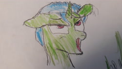 Size: 4128x2322 | Tagged: safe, artist:joeydr, oc, oc only, oc:green byte, species:pony, species:unicorn, ahegao, ahego meme, bust, floppy ears, lidded eyes, male, meme, nut, open mouth, simple background, solo, stallion, tongue out, traditional art, white background