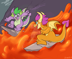 Size: 1024x838 | Tagged: safe, artist:thedoggygal, character:smolder, character:spike, species:dragon, baby, baby dragon, cute, dragon lands, dragoness, duo, female, happy, lava, lava surfing, looking at each other, male, obtrusive watermark, rock, signature, smolderbetes, spikabetes, surfing, watermark, winged spike