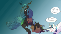 Size: 2560x1440 | Tagged: safe, artist:fuzzypones, character:queen chrysalis, character:shining armor, species:changeling, species:pony, species:unicorn, blushing, changeling queen, colored, cute, cutealis, cuteling, dialogue, duo, female, free hugs, implied infidelity, implied princess cadance, implied shining chrysalis, implied shipping, implied straight, male, mommy chrissy, nymph, offspring, shining adorable, sign, simple background, speech bubble, text, villian, weapons-grade cute