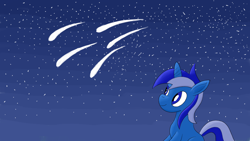 Size: 1920x1080 | Tagged: safe, artist:notadeliciouspotato, character:minuette, species:pony, species:unicorn, female, looking away, looking up, mare, night, shooting star, sitting, smiling, solo, stargazing, starry night