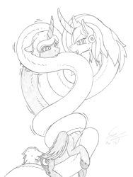 Size: 1744x2316 | Tagged: safe, artist:perpendicular white, character:princess celestia, character:princess luna, coils, hypnosis, hypnotized, impossibly long neck, lifting, looking at each other, monochrome, original species, princess luneck, princess necklestia, rokurokubi, sketch, stretching, swirly eyes, transformation, wrapped up, youkai