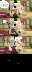 Size: 1280x2880 | Tagged: safe, artist:fuzzypones, character:discord, character:fluttershy, ship:discoshy, blushing, colored, comic, crackers, dialogue, female, fluttershy's cottage (interior), food, fourth wall, giggling, implied kissing, male, shipping, straight, tea