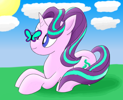 Size: 1050x863 | Tagged: safe, artist:notadeliciouspotato, character:starlight glimmer, species:pony, species:unicorn, butterfly, butterfly on nose, cloud, cross-eyed, cute, female, glimmerbetes, insect on nose, mare, open mouth, prone, smiling, solo
