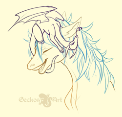 Size: 915x874 | Tagged: safe, artist:sitaart, oc, oc only, oc:valiant dawn, species:dragon, species:earth pony, species:pony, blue mane, dungeons and dragons, female, male, mare, pathfinder, pen and paper rpg, ponyfinder, pseudodragon, rpg, signature, simple background, sketch, smiling, tabletop gaming, yellow fur