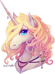 Size: 1912x2553 | Tagged: safe, artist:sitaart, oc, oc only, oc:blue haze, species:pony, species:unicorn, bard, blonde, blonde hair, blonde mane, blue eyes, bust, dungeons and dragons, fantasy class, female, horn, jewelry, mare, pathfinder, pen and paper rpg, ponyfinder, portrait, rpg, shoulderless, signature, simple background, tabletop gaming, transparent background