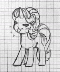 Size: 1280x1532 | Tagged: safe, artist:ch-chau, character:starlight glimmer, species:pony, species:unicorn, blep, c:, cute, eyes closed, female, glimmerbetes, graph paper, grayscale, mare, monochrome, pencil drawing, raspberry, silly, silly pony, sketch, smiling, solo, spittle, standing, tongue out, traditional art