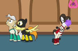 Size: 1539x1023 | Tagged: safe, artist:author92, character:mayor mare, character:raven inkwell, oc, oc:joule, species:earth pony, species:pegasus, species:pony, alternate costumes, bola, brightly colored ninjas, clothing, knockout gas, kunoichi, mask, nerve pinch, ninja, wing hands