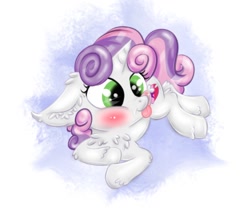 Size: 1164x1008 | Tagged: safe, artist:rurihal, character:sweetie belle, species:pony, species:unicorn, blep, blushing, chest fluff, cute, diasweetes, ear fluff, female, filly, floppy ears, leg fluff, pfft, silly, solo, tongue out