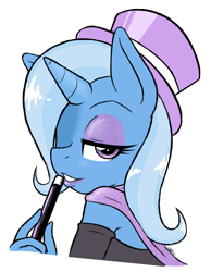 Size: 1280x1649 | Tagged: safe, artist:zaron, artist:zaronart, character:trixie, species:anthro, species:pony, species:unicorn, cloak, clothing, eyeshadow, female, hat, lipstick, looking at you, magic wand, makeup, mare, one eye closed, signature, smiling, solo, top hat, wand, wink