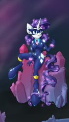 Size: 2160x3840 | Tagged: safe, artist:coldtrail, character:radiance, character:rarity, species:anthro, species:unguligrade anthro, episode:power ponies, g4, my little pony: friendship is magic, clothing, crystal, female, high res, open mouth, sitting, solo, superhero
