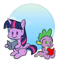 Size: 800x800 | Tagged: safe, artist:mew-me, character:spike, character:twilight sparkle, character:twilight sparkle (alicorn), species:alicorn, species:dragon, species:pony, baby, baby dragon, beady eyes, book, chibi, circle background, cute, cutie mark, duo, female, folded wings, hoof hold, male, mare, reading, sitting, spikabetes, twiabetes, winged spike, wings