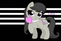 Size: 1000x670 | Tagged: safe, artist:raininess, character:octavia melody, species:earth pony, species:pony, abstract background, chibi, cute, cutie mark, female, looking at you, mare, open mouth, raised hoof, solo, tavibetes
