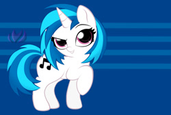 Size: 1000x670 | Tagged: safe, artist:raininess, character:dj pon-3, character:vinyl scratch, species:pony, species:unicorn, abstract background, chibi, cutie mark, female, looking at you, mare, missing accessory, raised eyebrow, raised hoof, smiling, solo
