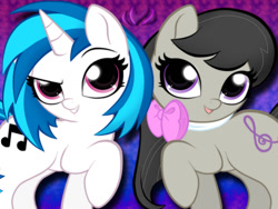 Size: 1024x768 | Tagged: safe, artist:raininess, character:dj pon-3, character:octavia melody, character:vinyl scratch, species:earth pony, species:pony, species:unicorn, abstract background, chibi, cutie mark, duo, female, looking at you, mare, missing accessory, open mouth, raised eyebrow, raised hoof, smiling