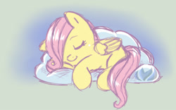 Size: 500x312 | Tagged: safe, artist:raininess, character:fluttershy, species:pegasus, species:pony, abstract background, blank flank, cloud, cute, female, filly, filly fluttershy, hair over one eye, shyabetes, sleeping, smiling, solo, younger