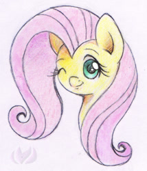 Size: 395x462 | Tagged: safe, artist:raininess, character:fluttershy, species:pony, bust, female, looking at you, mare, one eye closed, simple background, smiling, solo, traditional art, white background