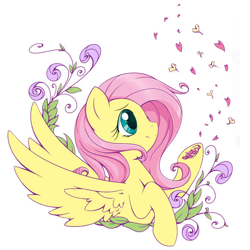 Size: 670x669 | Tagged: safe, artist:raininess, edit, character:fluttershy, species:pegasus, species:pony, beautiful, bust, cropped, female, flower, flower petals, hoof hold, looking up, mare, petals, profile, raised hoof, simple background, smiling, solo, spread wings, white background, wings, wip