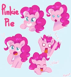 Size: 1102x1200 | Tagged: safe, artist:ch-chau, character:pinkie pie, species:earth pony, species:pony, bust, confused, cute, dialogue, diapinkes, expressions, eyes closed, female, grin, happy, mare, open mouth, question mark, shocked, simple background, smiling, solo, surprised