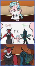 Size: 800x1500 | Tagged: safe, artist:mew-me, character:cozy glow, character:lord tirek, character:queen chrysalis, species:centaur, species:changeling, species:pegasus, species:pony, ship:chrysirek, episode:the beginning of the end, g4, my little pony: friendship is magic, awkward, awkward moment, beady eyes, changeling queen, comic, cozybetes, cute, daddy tirek, drawing, eyes closed, facepalm, family, female, filly, holding hands, male, mommy chrissy, queen chrysalis is not amused, sad, shipper on deck, shipping, straight, tirek is not amused, unamused