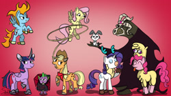 Size: 1920x1080 | Tagged: safe, artist:sadtrooper, community related, character:angel bunny, character:applejack, character:arizona cow, character:fhtng th§ ¿nsp§kbl, character:fluttershy, character:harry, character:oleander, character:paprika paca, character:pinkie pie, character:pom lamb, character:rainbow dash, character:rarity, character:spike, character:tianhuo, character:twilight sparkle, character:twilight sparkle (alicorn), character:velvet reindeer, species:alicorn, species:alpaca, species:dragon, species:earth pony, species:pegasus, species:pony, species:unicorn, newbie artist training grounds, them's fightin' herds, atg 2018, bear, book, clothing, cosplay, costume, crossover, eyes closed, female, flying, huggles, male, mane seven, mane six, mare, raised hoof, red background, rope, signature, simple background, smiling, tongue out, unicornomicon, watermark, wings