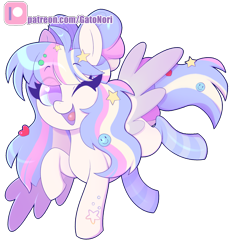 Size: 2893x3115 | Tagged: safe, artist:norithecat, oc, species:pegasus, species:pony, clothing, digital, female, hairclip, happy face, heart, one eye closed, palindrome get, pastel, patreon, patreon logo, simple background, socks, solo, stars, transparent background, watermark, wings, wink