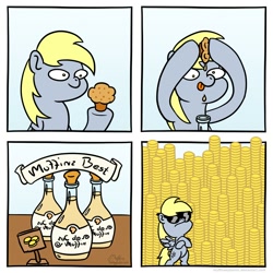 Size: 2000x2000 | Tagged: safe, artist:muffinexplosion, character:derpy hooves, species:pegasus, species:pony, bits, comic, drink, female, mare, money, muffin, sunglasses, swag
