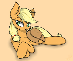 Size: 1280x1076 | Tagged: safe, artist:llhopell, character:applejack, species:earth pony, species:pony, cute, female, head tilt, mare, prone, simple background, smiling, smirk, solo